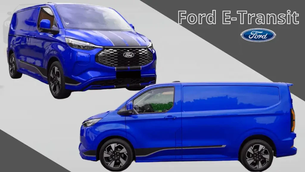 Design of the Ford E-Transit showcasing its sleek and modern electric utility van exterior.