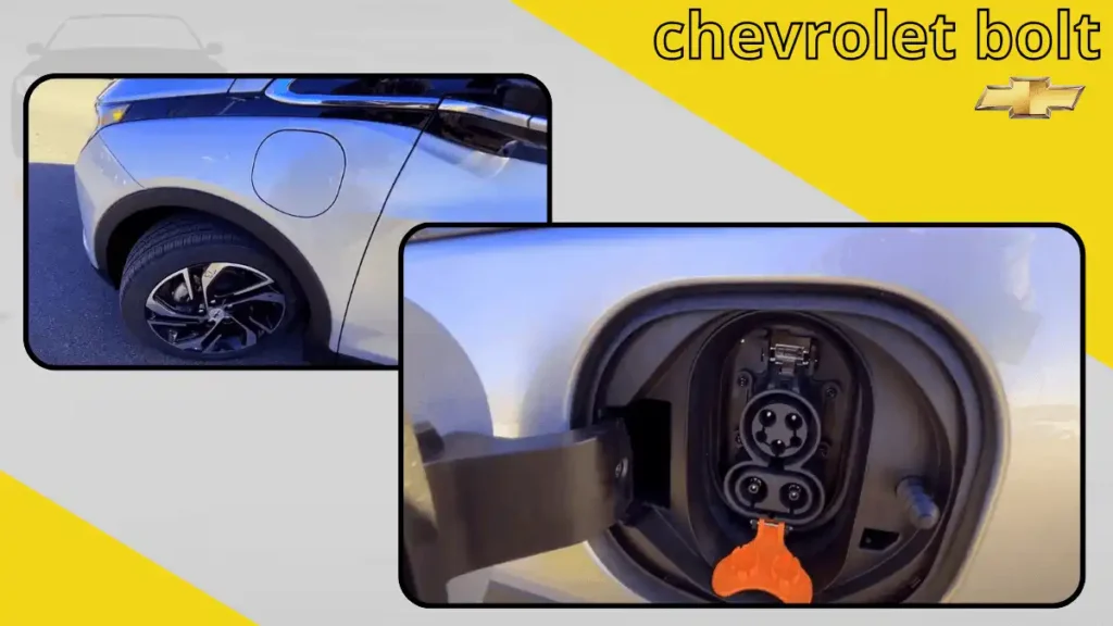 The charging port of the 2023 Bolt EV, conveniently located at the front fender, featuring a sleek design with a protective cover and clear charging indicator lights