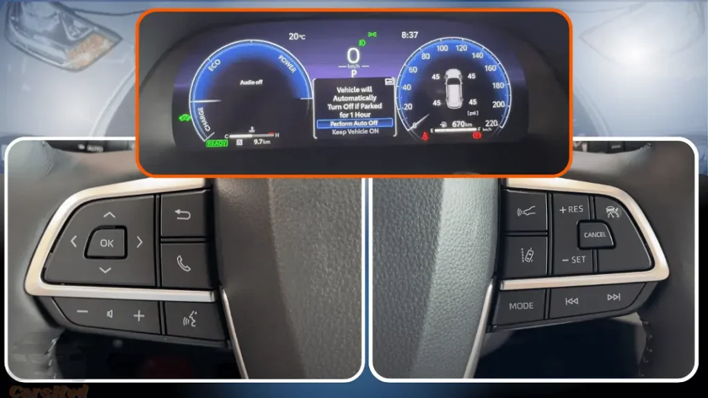 The 2024 Toyota Highlander Hybrid dashboard, displaying its advanced safety features such as Toyota Safety Sense 2.5+.