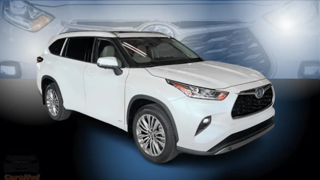 2024 Toyota Highlander Hybrid showcased in blue lighting, highlighting its sleek exterior design.