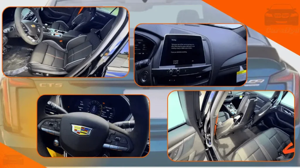 Interior view of the 2025 Cadillac CT5-V showing the dashboard and comfort and technology features, including a touch screen and modern controls.