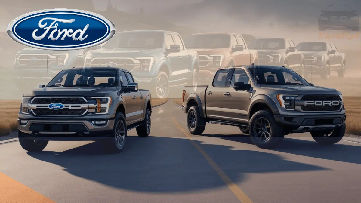 Two Ford Hybrid Trucks side by side on a desert road, with beige sand and clear skies in the background.