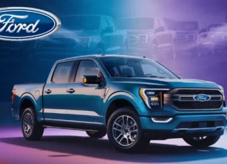 Discover the Best Ford Hybrid Trucks for 2024 Blue Ford Hybrid Truck on display in a showroom with no people or other vehicles around.