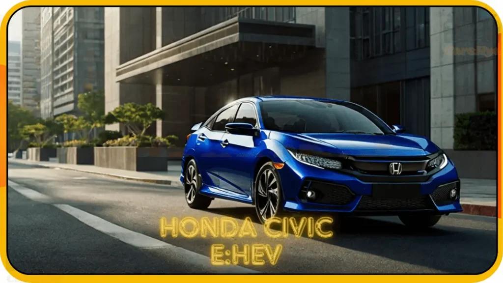 2024 Honda Civic e:HEV hybrid car driving on a scenic road.