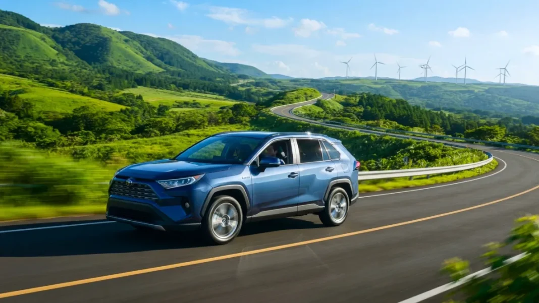 A modern family hybrid SUV driving on a scenic highway, showcasing eco-friendly family transportation.
