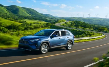 Find The Best Family Hybrid Cars Here A modern family hybrid SUV driving on a scenic highway, showcasing eco-friendly family transportation.