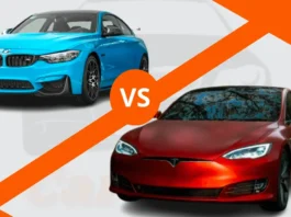 Compare Cars: Tesla Model 3 and BMW S3 side by side with a neutral background.