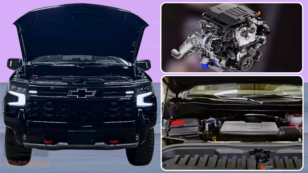 Close-up of the Chevy Hybrid Pickup's engine, showcasing hybrid technology components.