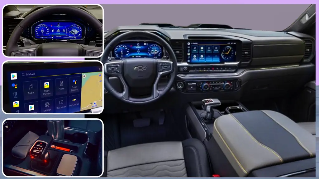 The interior of the 2024 Chevy Hybrid Pickup Truck, highlighting the infotainment system and driver-assistance features.