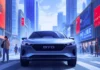Is BYD facing problems? A clear look at its 2025 challenges BYD electric car driving through a busy modern city with digital billboards and pedestrians.