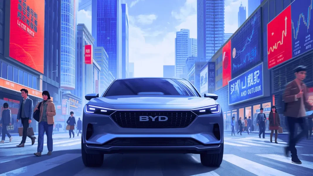 BYD BYD electric car driving through a busy modern city with digital billboards and pedestrians.