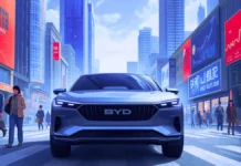 Is BYD facing problems? A clear look at its 2025 challenges BYD electric car driving through a busy modern city with digital billboards and pedestrians.