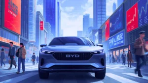 BYD electric car driving through a busy modern city with digital billboards and pedestrians.