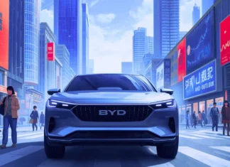 Is BYD facing problems? A clear look at its 2025 challenges BYD electric car driving through a busy modern city with digital billboards and pedestrians.