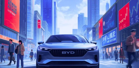 Is BYD facing problems? A clear look at its 2025 challenges BYD electric car driving through a busy modern city with digital billboards and pedestrians.