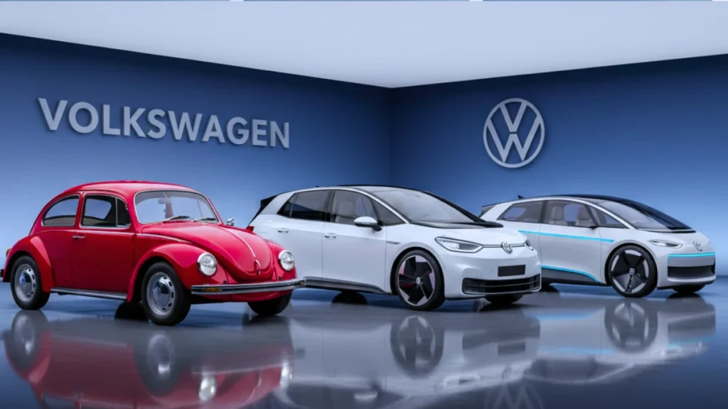 Classic Volkswagen Beetle compared to modern Volkswagen lineup