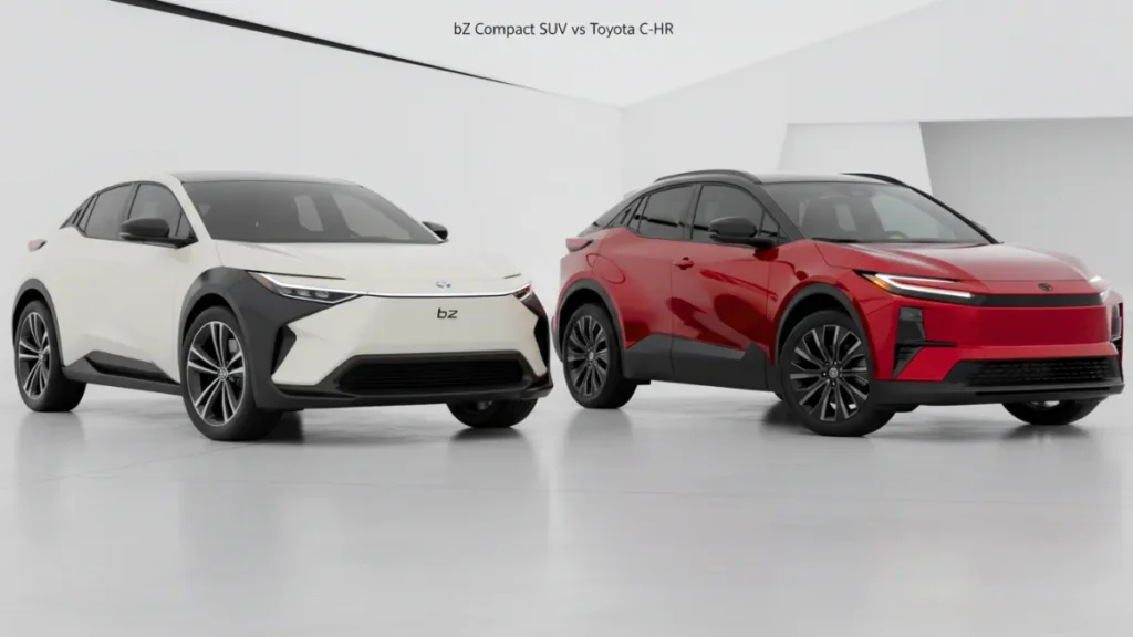 Toyota C-HR parked side by side with the Toyota bZ Compact SUV concept