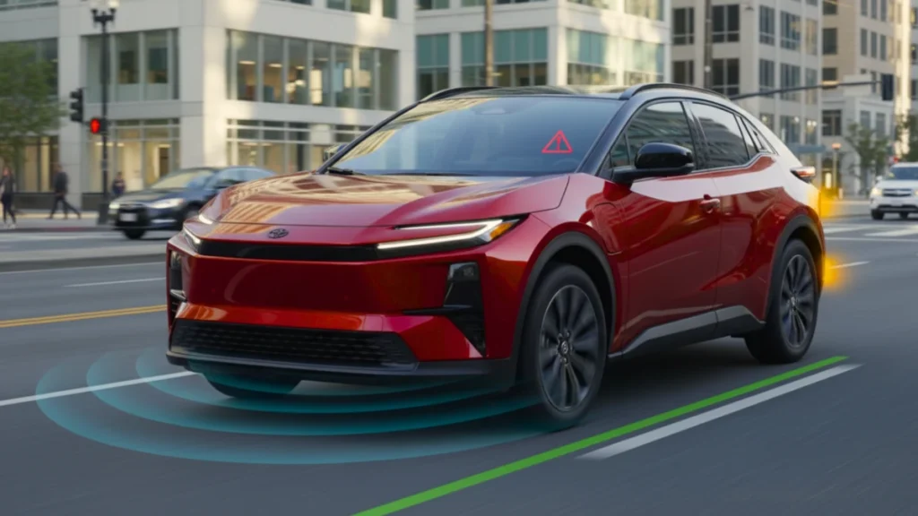 2026 Toyota C-HR XSE EV demonstrating advanced driver assistance and safety features in urban driving.