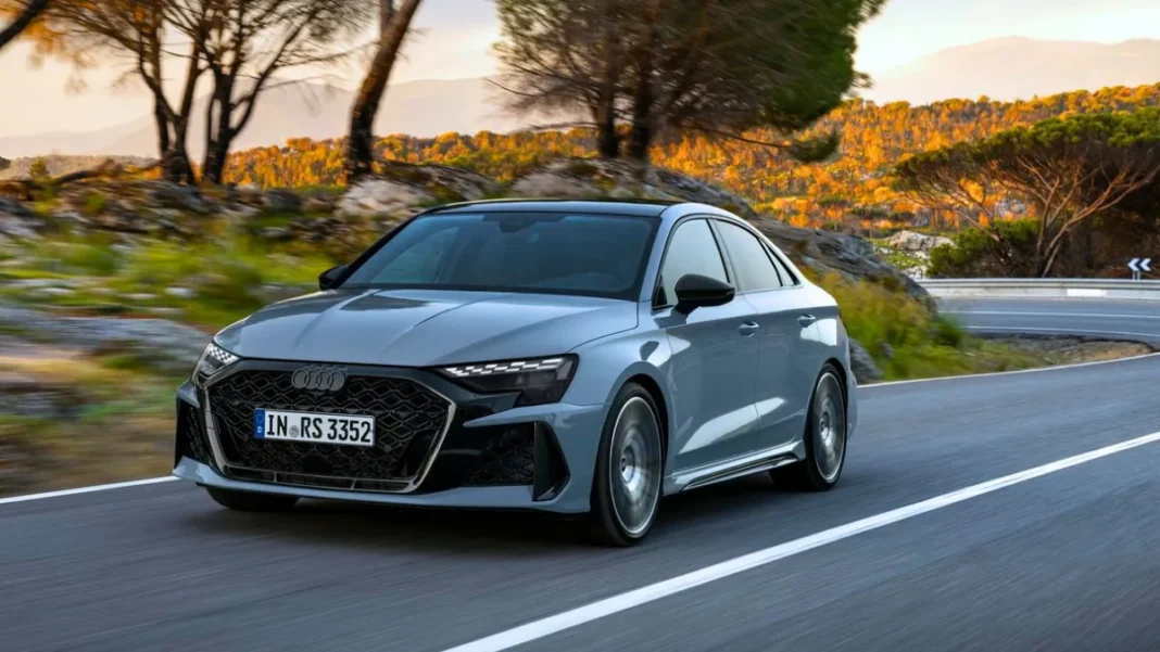 The 2026 Audi RS3 being driven through city streets