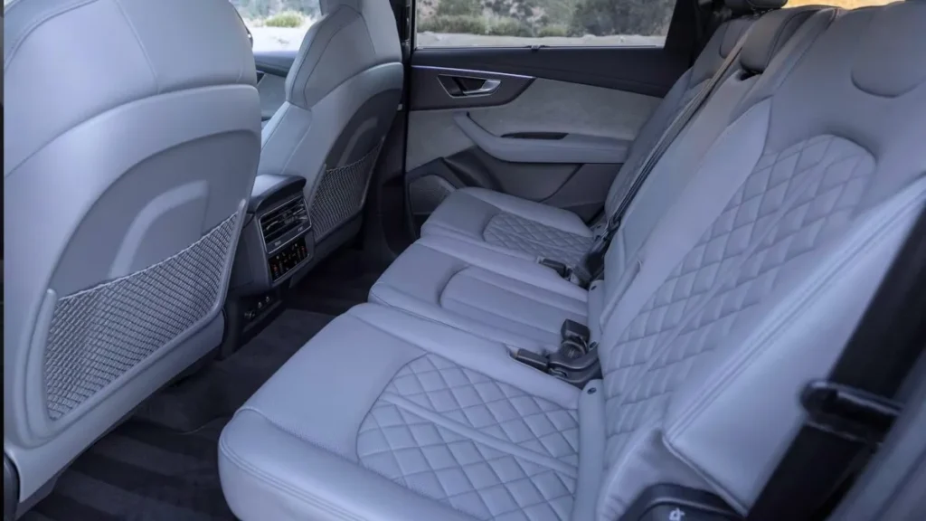 Close-up of the front rows S Sport seats in Valcona leather with diamond stitching inside the 2025 Audi SQ7.