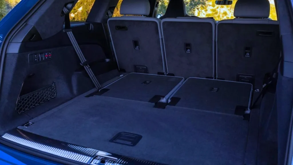 Interior view looking into the third-row seating area and rear passenger space of an Audi SQ7.