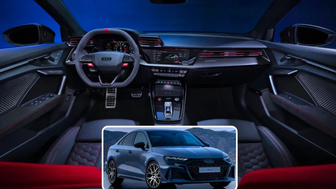 Wide-angle view of the 2026 Audi RS3 dashboard and dashboard architecture featuring the ambient lighting setup.