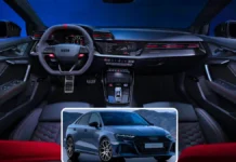 INSIDE THE COCKPIT OF THE 2026 AUDI RS3 SUPER SEDAN Wide-angle view of the 2026 Audi RS3 dashboard and dashboard architecture featuring the ambient lighting setup.