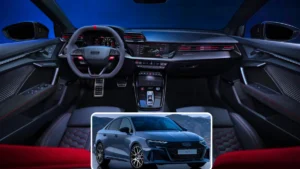 Wide-angle view of the 2026 Audi RS3 dashboard and dashboard architecture featuring the ambient lighting setup.