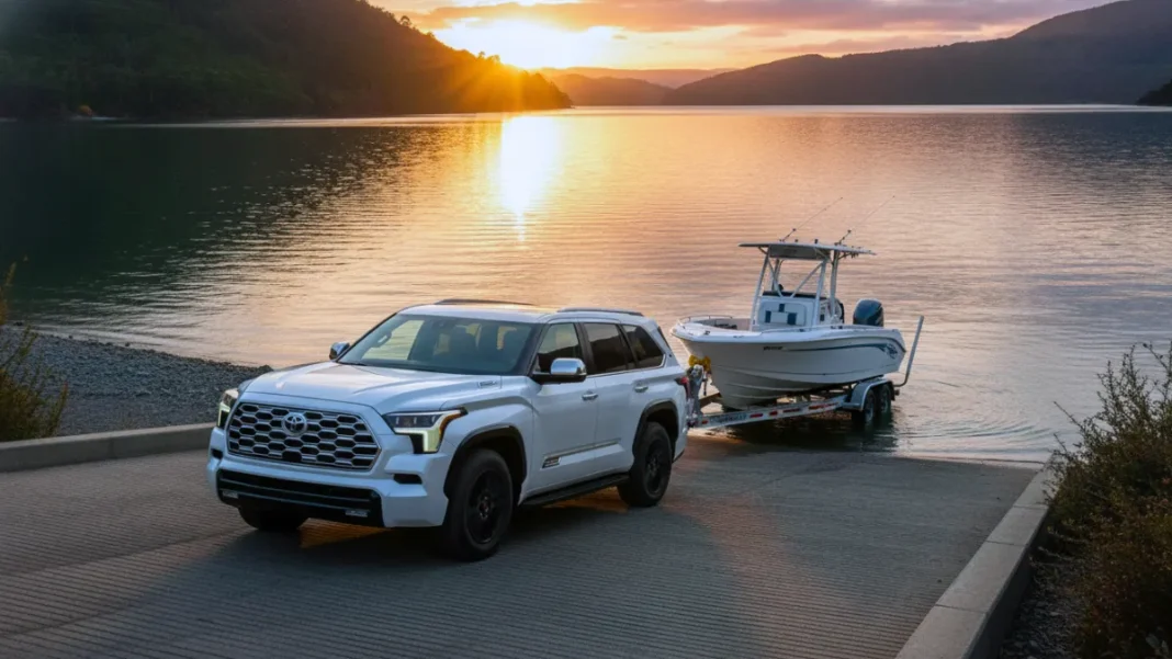A luxury 3-row hybrid SUV pulling a premium boat trailer up a boat ramp at sunset.