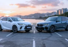 Luxury Hybrid Incentives and Reliability: The 2026 Lexus vs BMW Showdown A silver 2026 BMW X5 xDrive50e plug-in hybrid SUV is parked next to a 2026 Lexus RX family hybrid luxury SUV.