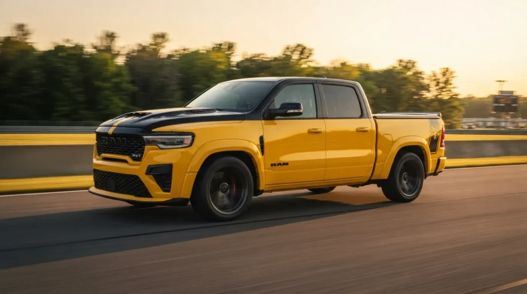 2027 Ram 1500 Rumble Bee SRT street truck driving on racetrack in yellow color