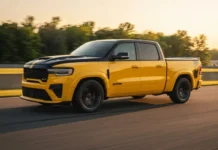 2027 Ram 1500 Rumble Bee Engine Specs: Will Ram Bring Back V8 Power? 2027 Ram 1500 Rumble Bee SRT street truck driving on racetrack in yellow color