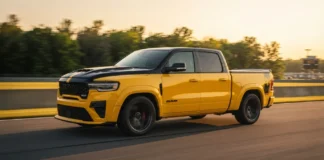 2027 Ram 1500 Rumble Bee Engine Specs: Will Ram Bring Back V8 Power? 2027 Ram 1500 Rumble Bee SRT street truck driving on racetrack in yellow color