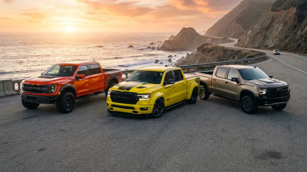 2027 Ram 1500 Rumble Bee street truck parked alongside Ford F-150 Raptor and Chevy Silverado ZR2