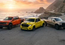 2027 Ram 1500 Rumble Bee vs Ford F-150 Raptor & Chevy Silverado ZR2: The Ultimate Performance Truck Breakdown 2027 Ram 1500 Rumble Bee street truck parked alongside Ford F-150 Raptor and Chevy Silverado ZR2