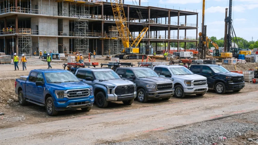 Lineup of modern hybrid pickup trucks including Ford F-150 PowerBoost and Toyota Tundra on a construction job site