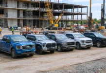 The Best Hybrid Pickup Trucks for Construction Work, Towing, and Real-World MPG Lineup of modern hybrid pickup trucks including Ford F-150 PowerBoost and Toyota Tundra on a construction job site