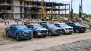 Lineup of modern hybrid pickup trucks including Ford F-150 PowerBoost and Toyota Tundra on a construction job site