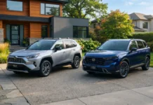The Most Reliable Family Hybrid SUVs Under $40,000 2026 Toyota RAV4 Hybrid and Honda CR-V Hybrid side-by-side in a suburban driveway
