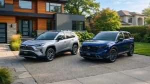 2026 Toyota RAV4 Hybrid and Honda CR-V Hybrid side-by-side in a suburban driveway