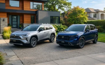 The Most Reliable Family Hybrid SUVs Under $40,000 2026 Toyota RAV4 Hybrid and Honda CR-V Hybrid side-by-side in a suburban driveway