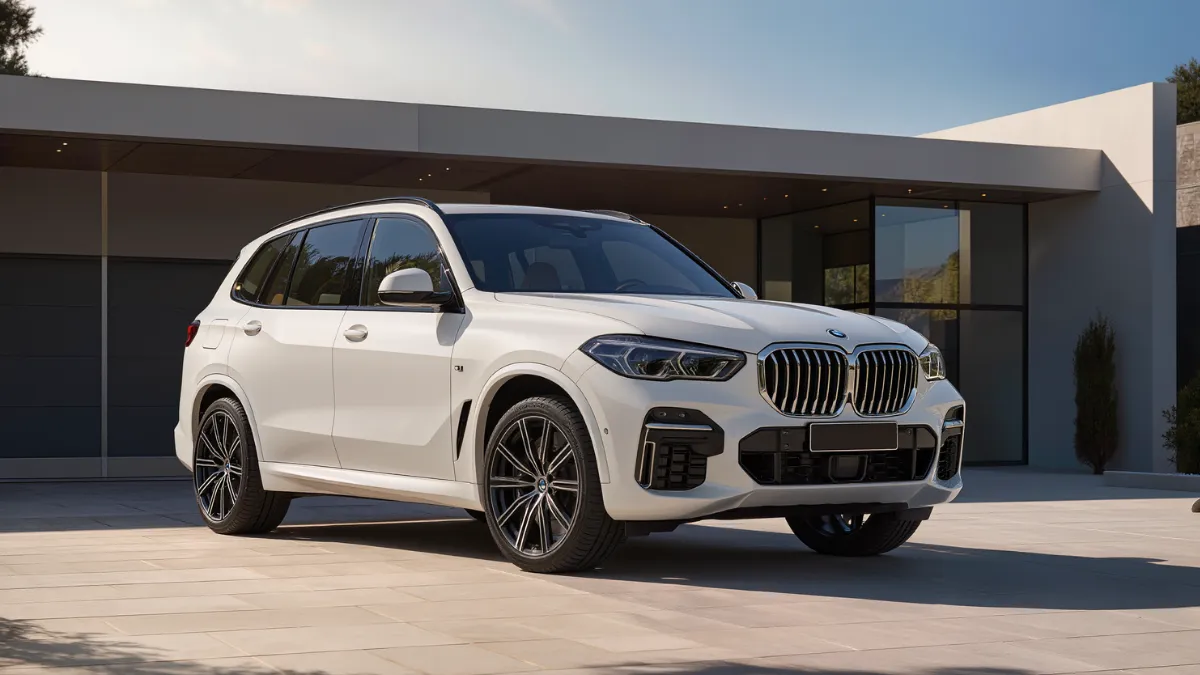 2026 BMW X5 luxury SUV parked outside modern architecture home