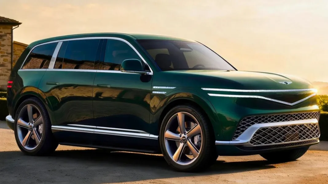 2028 Genesis GV90 full-size electric luxury SUV front three-quarter view showing Two-Line LED headlights