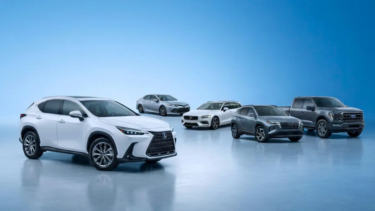 Modern hybrid vehicles lineup featuring hybrid sedans, SUVs, crossovers, and pickup trucks in a sky-blue digital studio.
