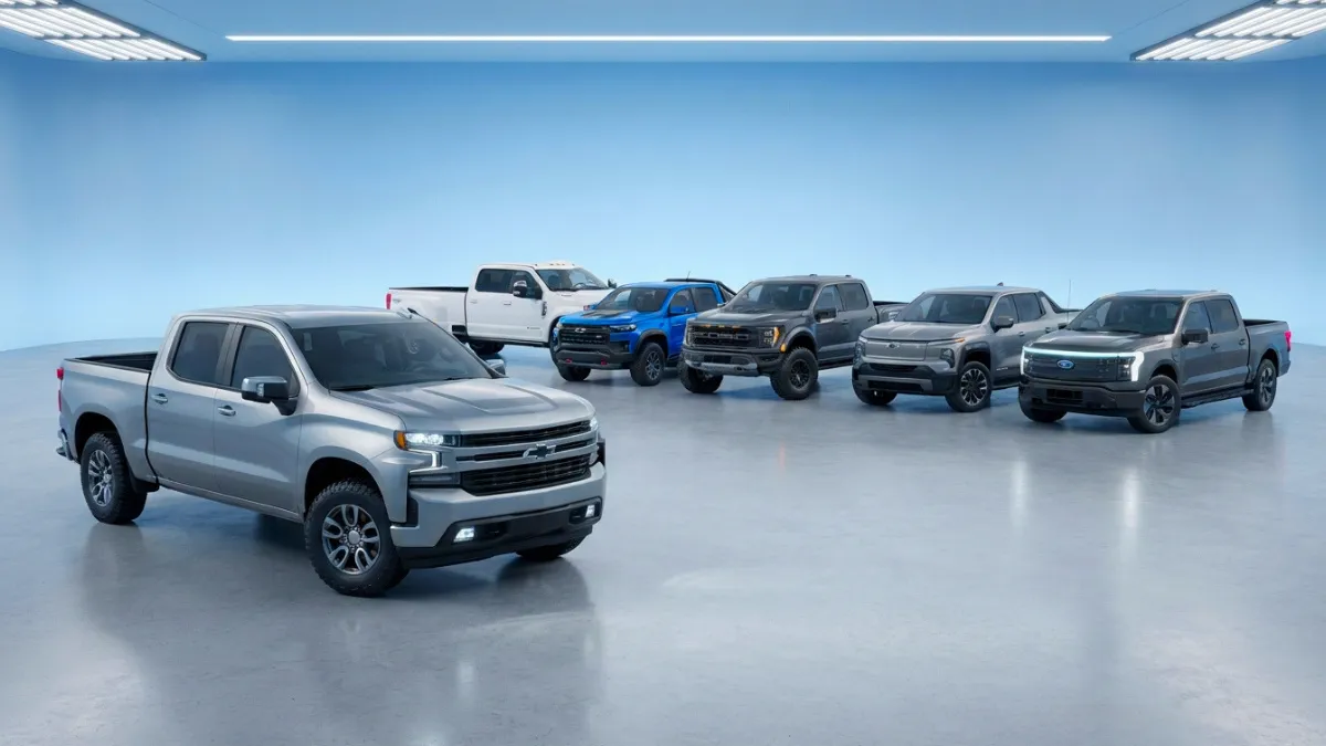 Modern pickup trucks lineup featuring midsize, full-size, heavy-duty, hybrid, and electric trucks in a sky-blue digital studio.