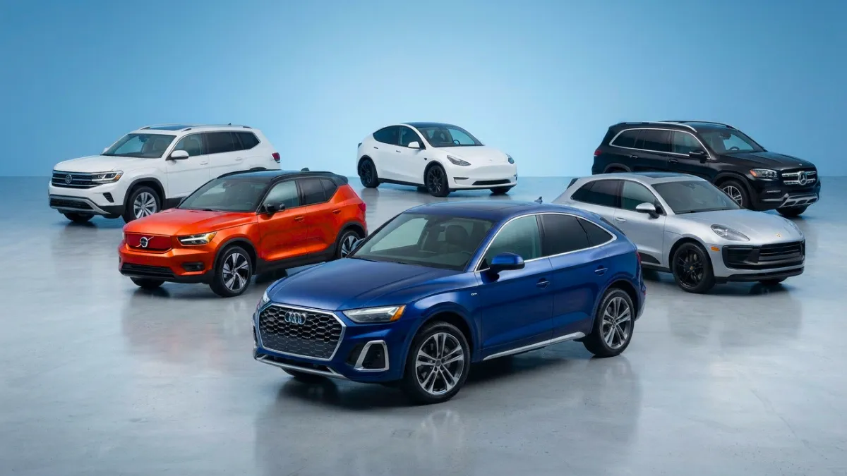 Modern SUV lineup featuring compact, midsize, family, luxury, performance, and electric SUVs in a sky-blue digital studio.