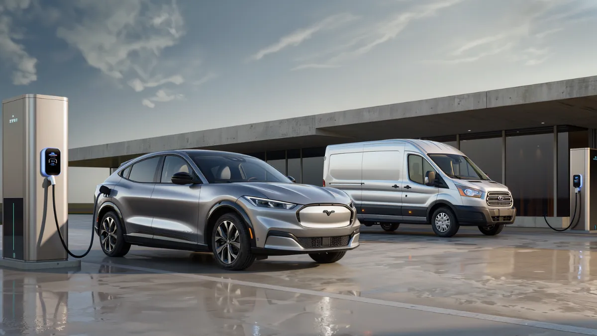 ford electric vehicles including the mustang mach-e and e-transit at an ev charging station.