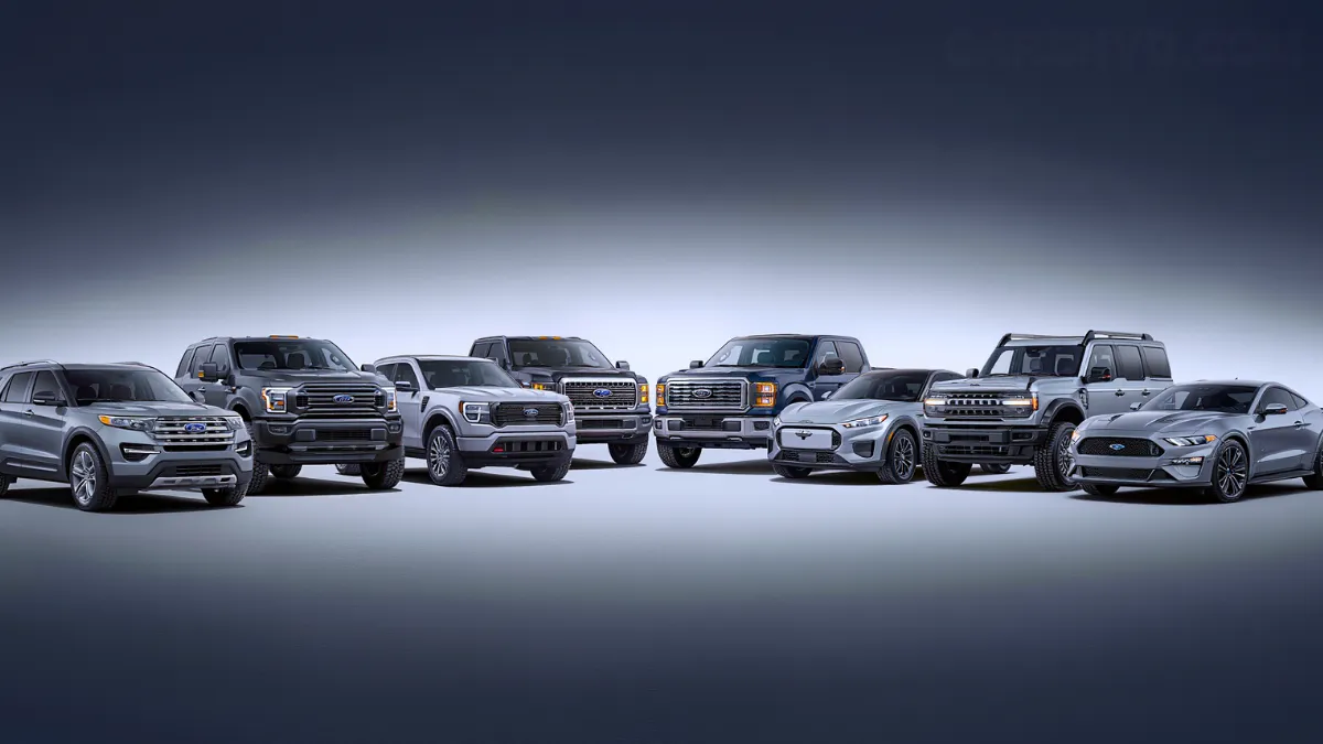 ford vehicle lineup featuring suvs, pickup trucks, electric suv and mustang sports car.