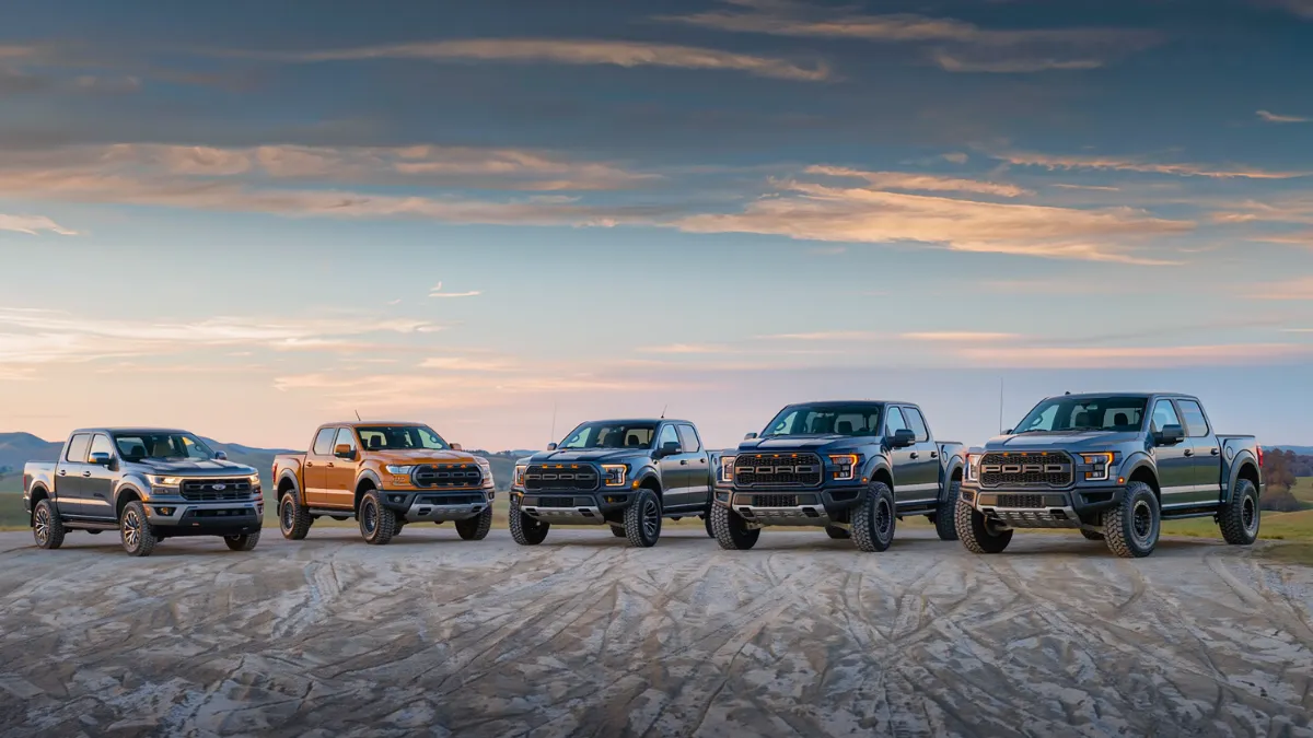 ford truck lineup featuring maverick, ranger, f-150 and raptor pickup trucks.